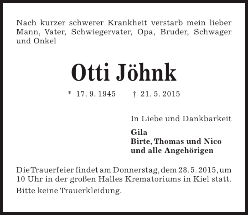  Traueranzeige für Otti Jöhnk vom 26.05.2015 aus Kieler Nachrichten / Segeberger Zeitung