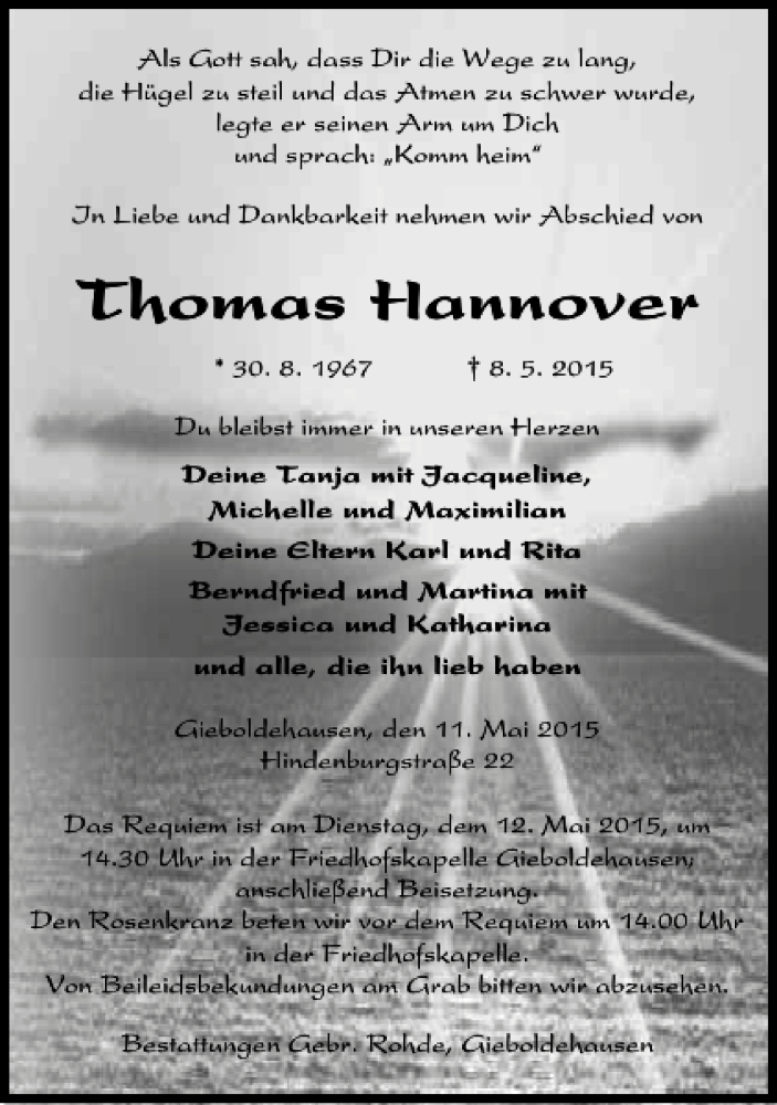  Traueranzeige für Thomas Hannover vom 11.05.2015 aus Eichsfelder Tageblatt