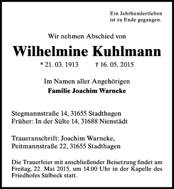 Traueranzeige von Wilhelmine Kuhlmann von Schaumburger Nachrichten