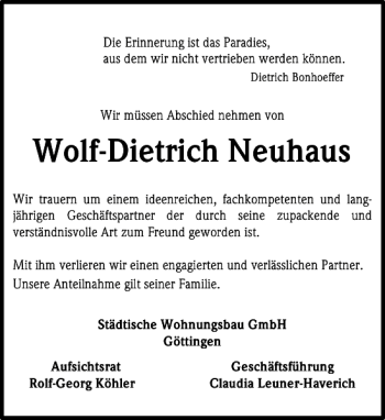 Traueranzeige von Wolf-Dietrich Neuhaus von Göttinger Tageblatt