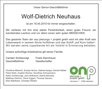 Traueranzeige von Wolf-Dietrich Neuhaus von Göttinger Tageblatt