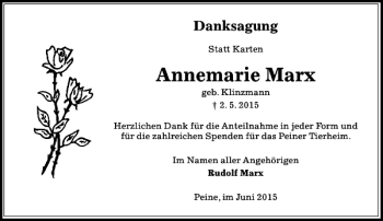 Traueranzeige von Annemarie Marx von Peiner Allgemeine Zeitung