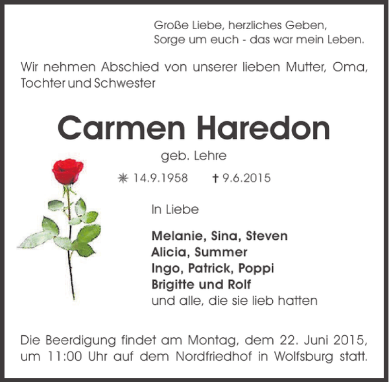  Traueranzeige für Carmen Haredon vom 15.06.2015 aus Aller Zeitung / Wolfsburger Allgemeine