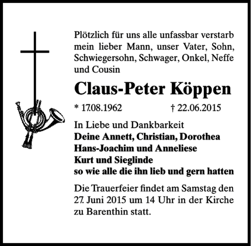  Traueranzeige für Claus-Peter Köppen vom 27.06.2015 aus MAZ-Trauer.de