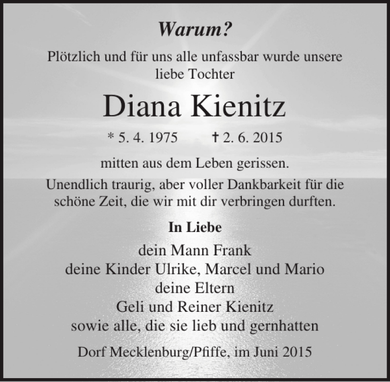  Traueranzeige für Diana Kienitz vom 17.06.2015 aus Ostsee-Zeitung