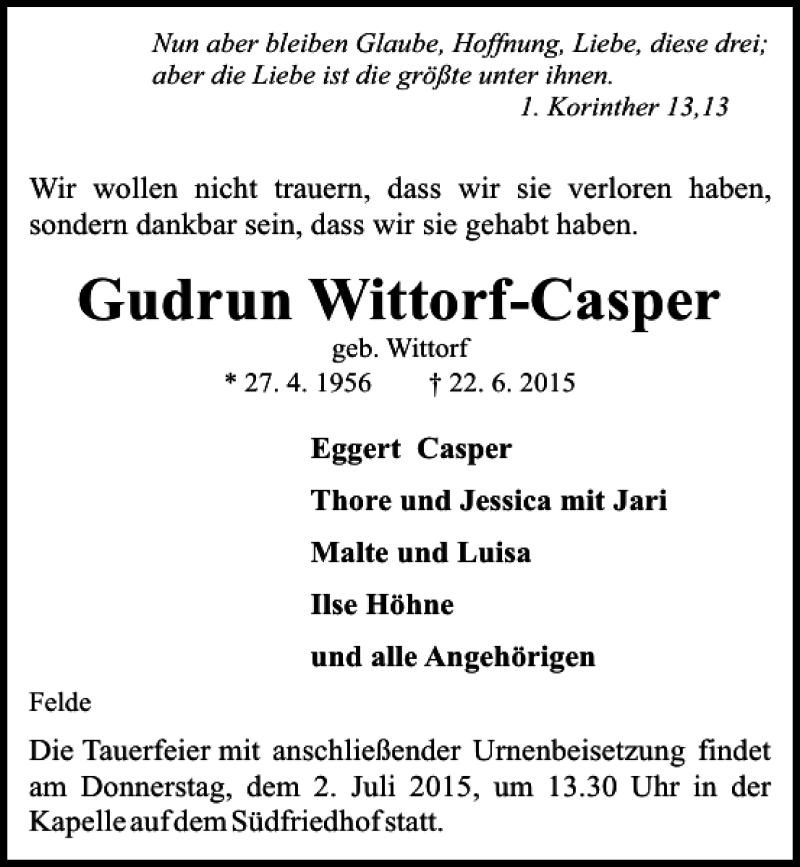  Traueranzeige für Gudrun Wittorf-Casper vom 30.06.2015 aus Kieler Nachrichten / Segeberger Zeitung