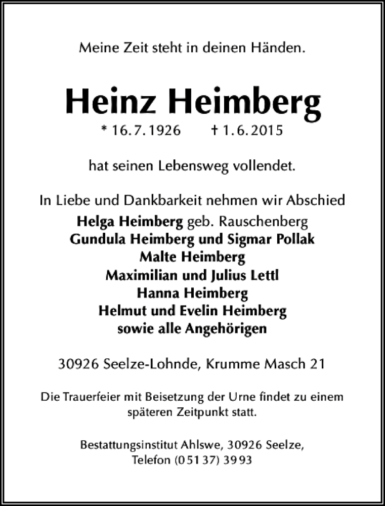  Traueranzeige für Heinz Heimberg vom 06.06.2015 aus HAZ/NP
