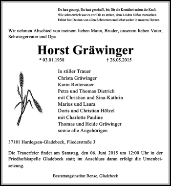 Traueranzeige von Horst Gräwinger von Göttinger Tageblatt
