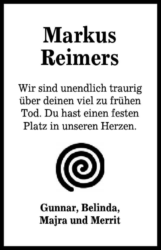  Traueranzeige für Markus Reimers vom 06.06.2015 aus Kieler Nachrichten / Segeberger Zeitung