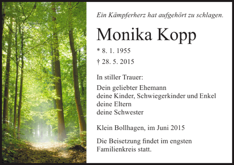  Traueranzeige für Monika Kopp vom 06.06.2015 aus Ostsee-Zeitung