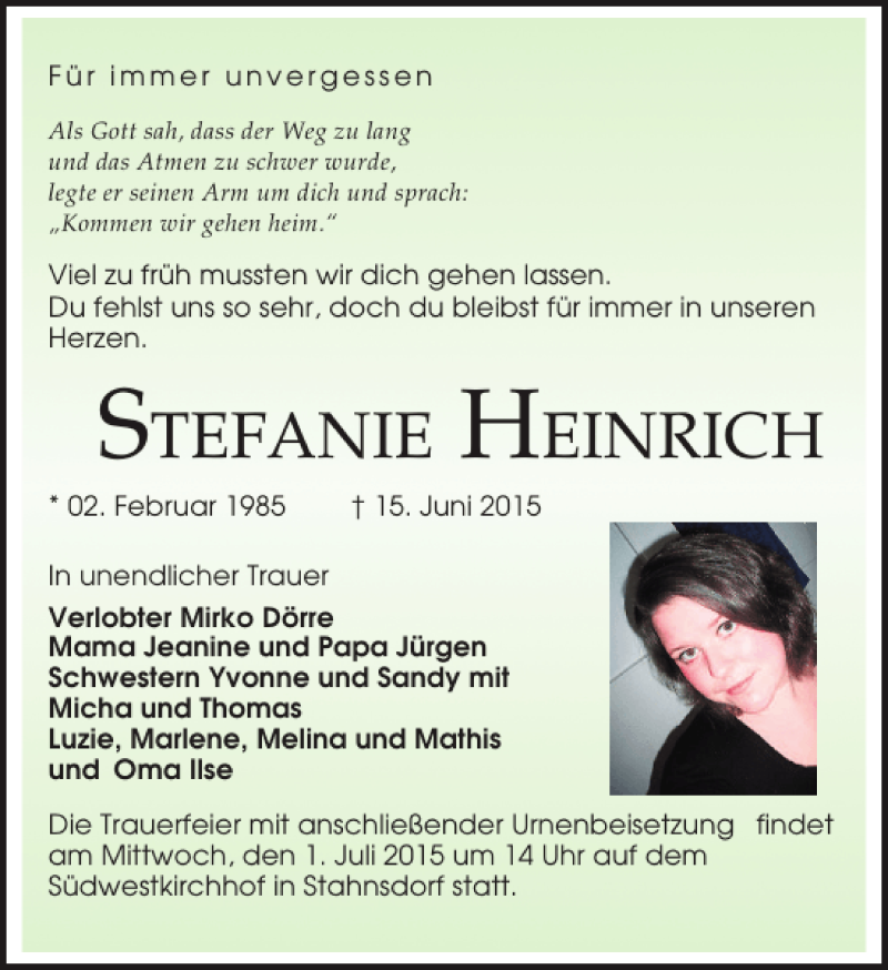  Traueranzeige für STEFANIE HEINRICH vom 27.06.2015 aus MAZ-Trauer.de