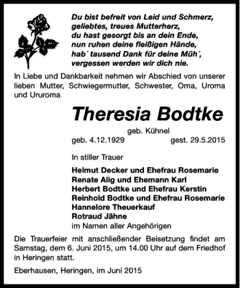 Traueranzeige von Theresia Bodtke von Göttinger Tageblatt