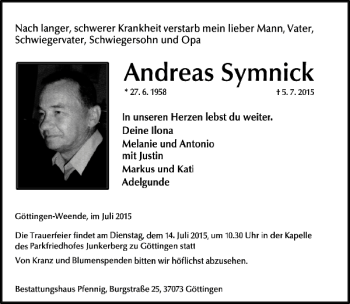 Traueranzeige von Andreas Symnick von Göttinger Tageblatt