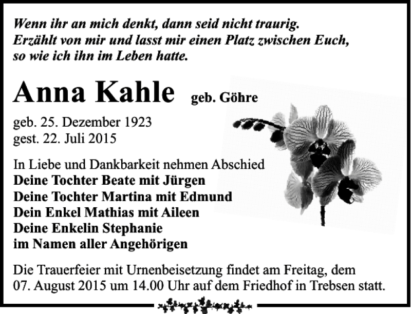  Traueranzeige für Anna Kahle vom 25.07.2015 aus Leipziger Volkszeitung