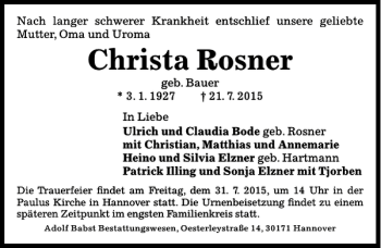 Traueranzeige von Christa Rosner von HAZ/NP