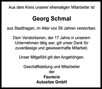Traueranzeige von Georg Schmal von Schaumburger Nachrichten