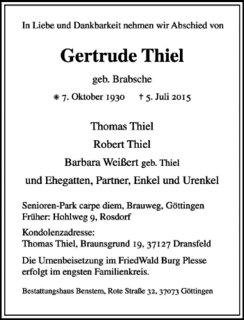 Traueranzeige von Gertrude Thiel von Göttinger Tageblatt