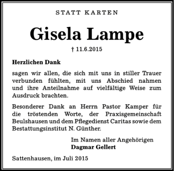 Traueranzeige von Gisela Lampe von Göttinger Tageblatt