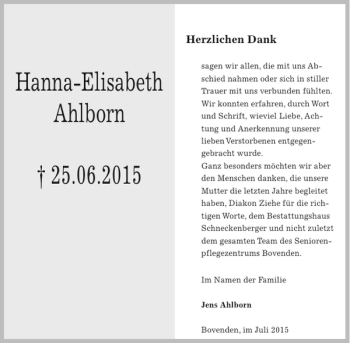 Traueranzeige von Hanna-Elisabeth Ahlborn von Göttinger Tageblatt