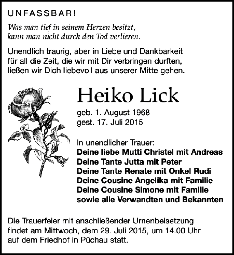  Traueranzeige für Heiko Lick vom 25.07.2015 aus Leipziger Volkszeitung