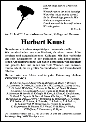 Traueranzeige von Herbert Knust von HAZ/NP