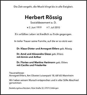 Traueranzeige von Herbert Rössig von Göttinger Tageblatt