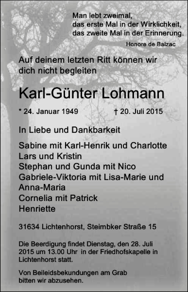 Traueranzeige für Karl-Günter Lohmann vom 25.07.2015 aus HAZ/NP