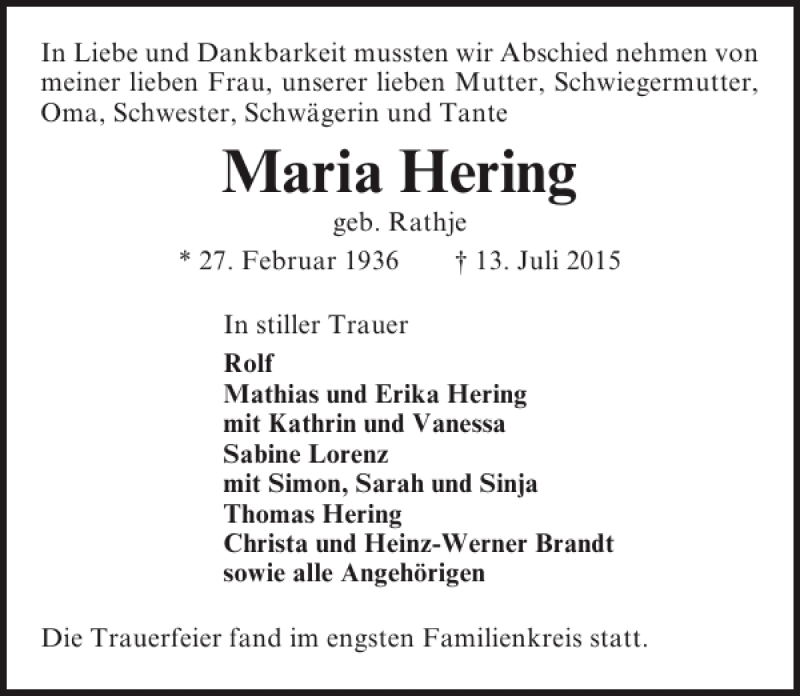  Traueranzeige für Maria Hering vom 19.07.2015 aus Lübecker Nachrichten