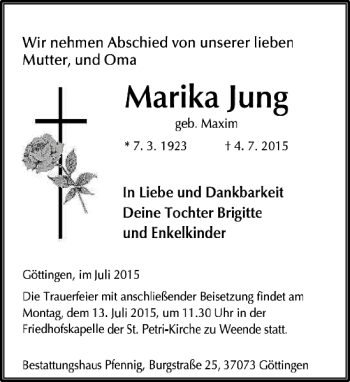 Traueranzeige von Marika Jung von Göttinger Tageblatt