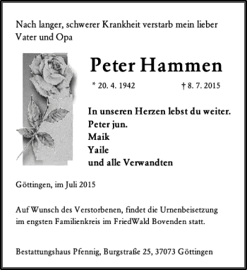 Traueranzeige von Peter Hammen von Göttinger Tageblatt