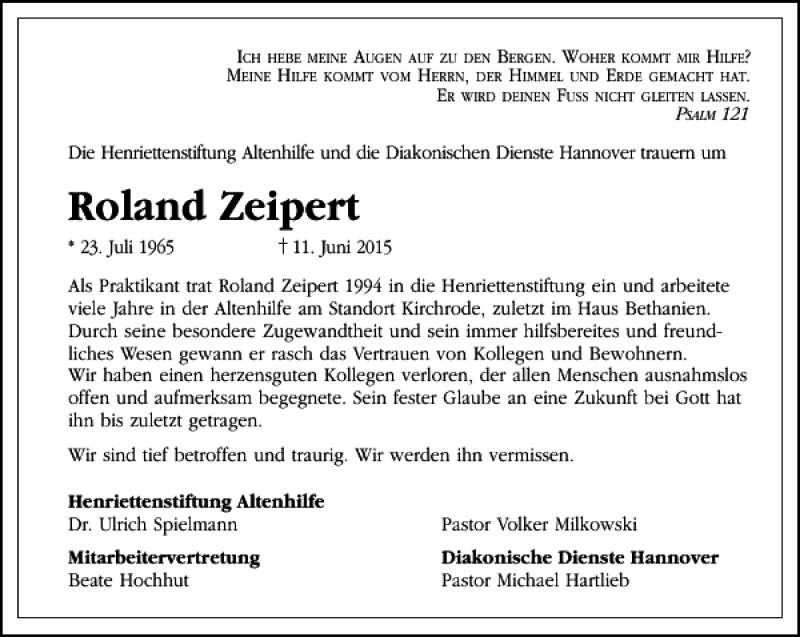  Traueranzeige für Roland Zeipert vom 04.07.2015 aus HAZ/NP