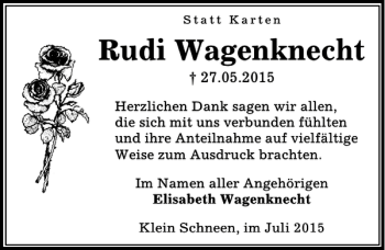 Traueranzeige von Rudi Wagenknecht von Göttinger Tageblatt
