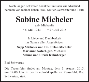 Traueranzeige von Sabine Micheler von Lübecker Nachrichten