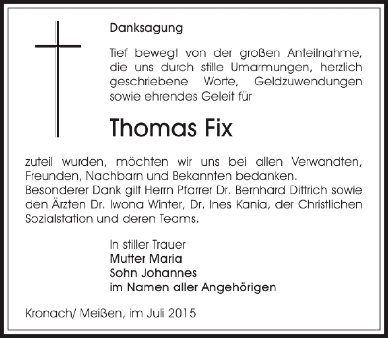  Traueranzeige für Thomas Fix vom 30.07.2015 aus Sächsische Zeitung