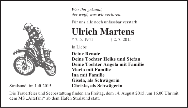  Traueranzeige für Ulrich Martens vom 11.07.2015 aus Ostsee-Zeitung