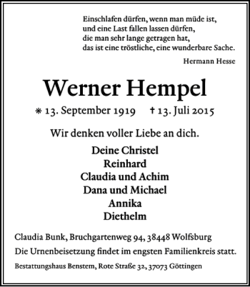 Traueranzeige von Werner Hempel von Göttinger Tageblatt
