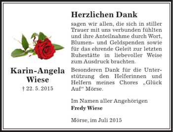 Traueranzeige von karin-angela Wiese von Aller Zeitung / Wolfsburger Allgemeine