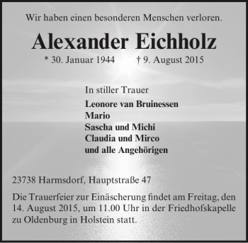Traueranzeige von Alexander Eichholz von Lübecker Nachrichten
