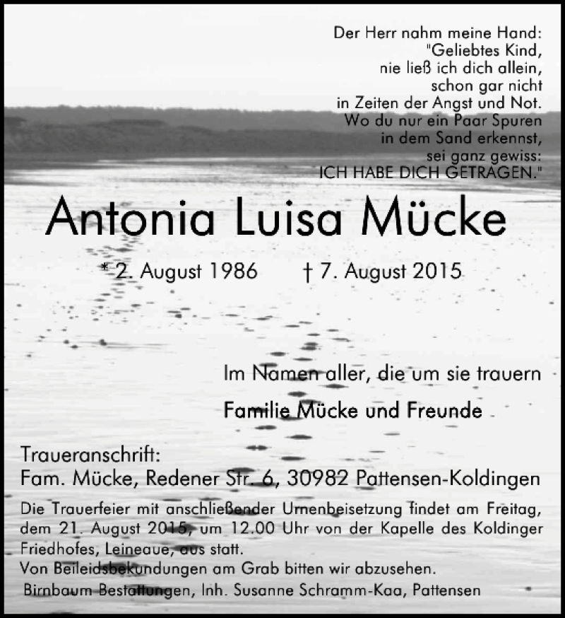  Traueranzeige für Antonia Luisa Mücke vom 15.08.2015 aus HAZ/NP