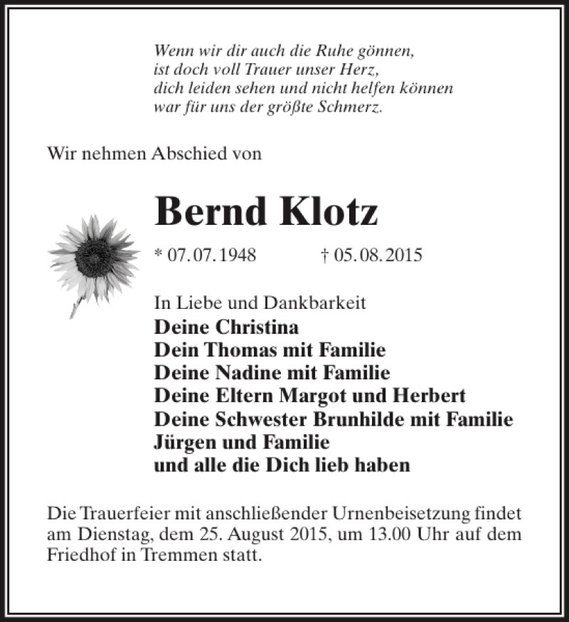  Traueranzeige für Bernd Klotz vom 15.08.2015 aus MAZ-Trauer.de
