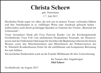 Traueranzeige von Christa Scheew von Lübecker Nachrichten