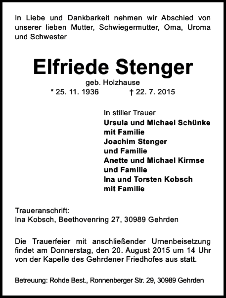  Traueranzeige für Elfriede Stenger vom 15.08.2015 aus HAZ/NP