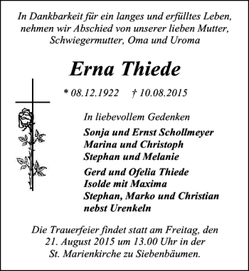 Traueranzeige von Erna Thiede von Lübecker Nachrichten