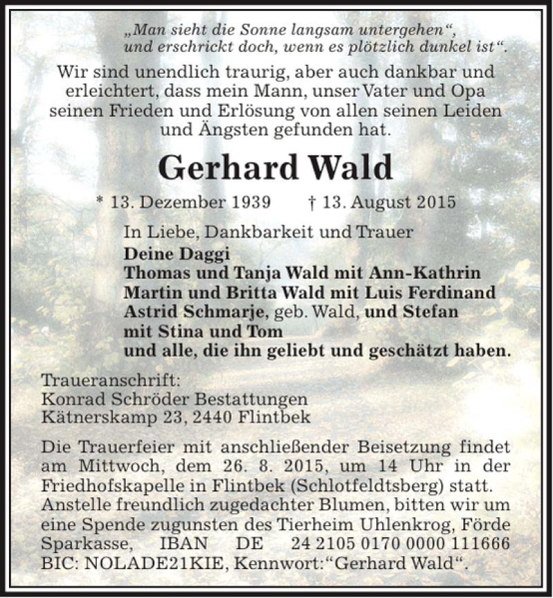  Traueranzeige für Gerhard Wald vom 22.08.2015 aus Kieler Nachrichten / Segeberger Zeitung
