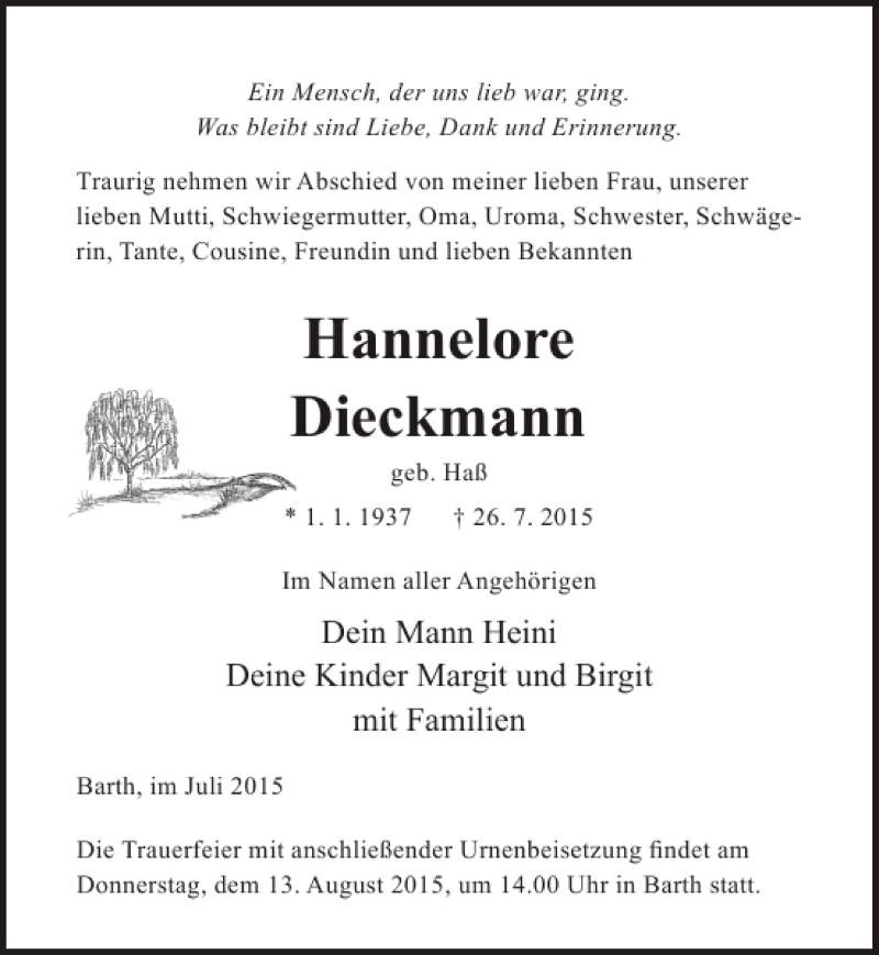  Traueranzeige für Hannelore Dieckmann vom 01.08.2015 aus Ostsee-Zeitung