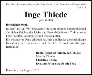 Traueranzeige von Inge Thiede von Lübecker Nachrichten