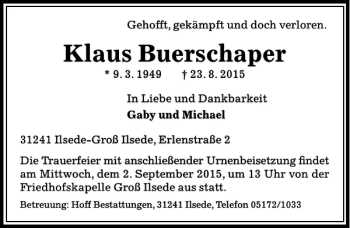Traueranzeige von Klaus buerschaper von Peiner Allgemeine Zeitung