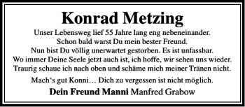 Traueranzeige von Konrad metzing von Peiner Allgemeine Zeitung