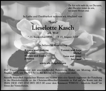 Traueranzeige von Lieselotte Kasch von Lübecker Nachrichten