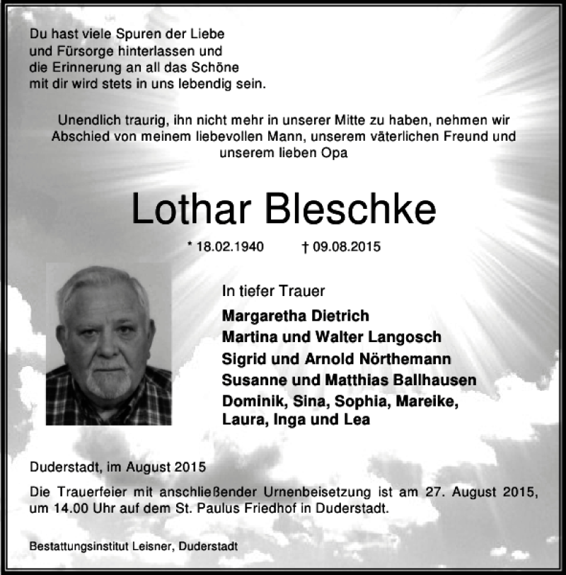 Traueranzeige für Lothar Bleschke vom 22.08.2015 aus Eichsfelder Tageblatt
